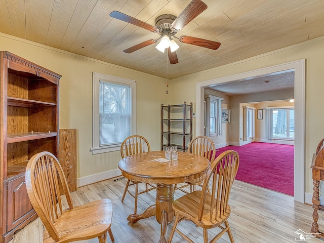 dining space with ceiling fan, a healthy amount of sunlight, light hardwood / wood-style floors, and wooden ceiling