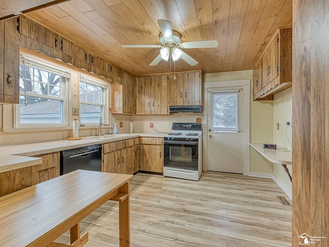 kitchen featuring wood ceiling, ventilation hood, gas range oven, and black dishwasher