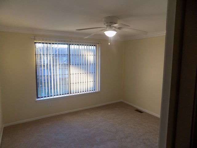 carpeted spare room with ceiling fan and ornamental molding