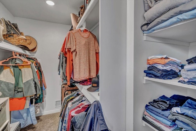 walk in closet featuring carpet flooring