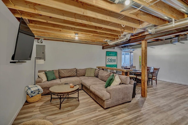 living room with hardwood / wood-style floors and electric panel