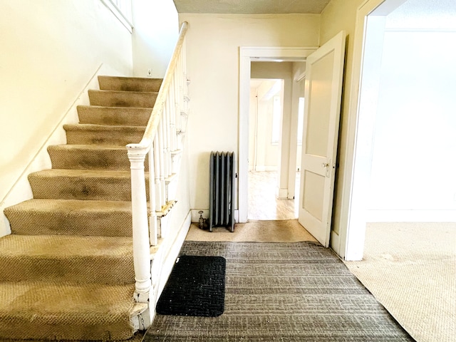 stairs featuring radiator and carpet