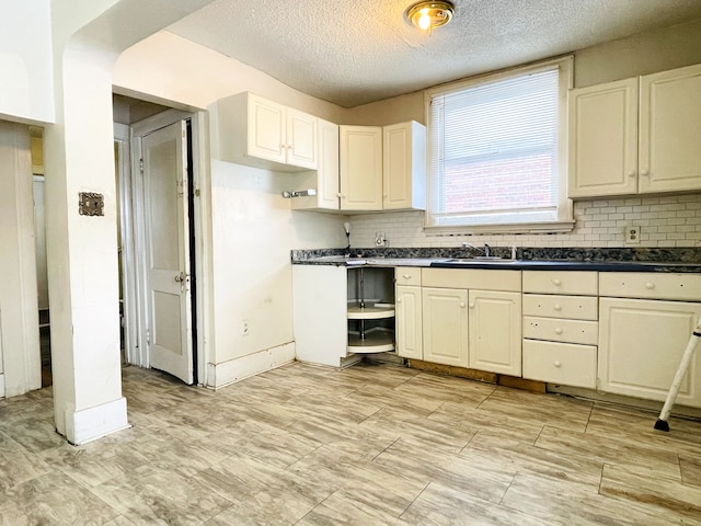 kitchen with tasteful backsplash, sink, and a textured ceiling