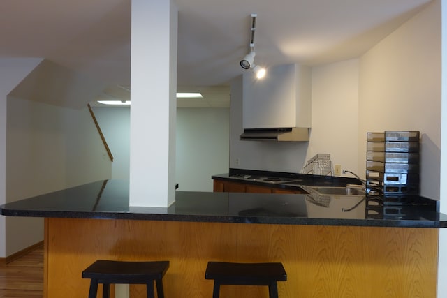 kitchen featuring rail lighting, sink, gas cooktop, and kitchen peninsula