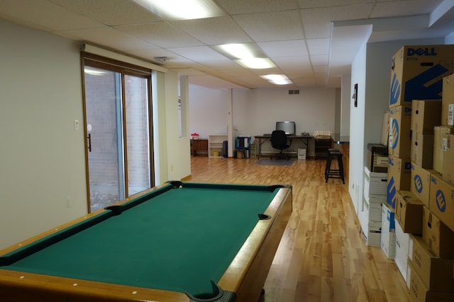 playroom with pool table, a paneled ceiling, and light hardwood / wood-style floors