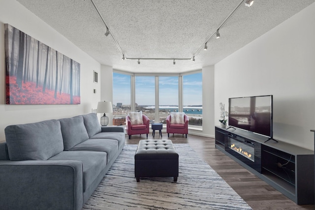 living room featuring wood-type flooring, floor to ceiling windows, a textured ceiling, and track lighting