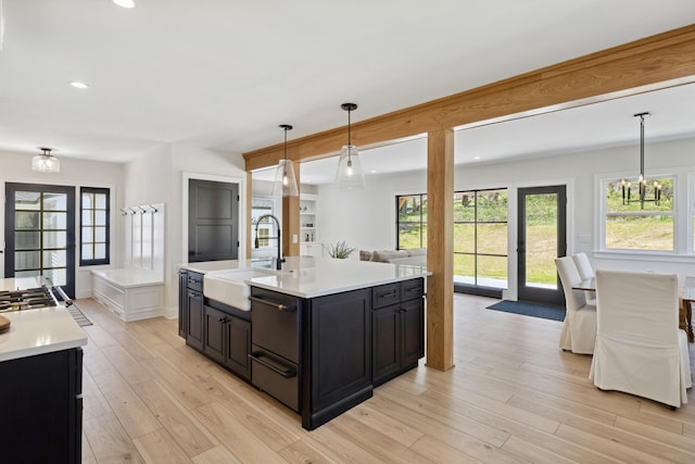101 Carl Dr NE, Ada, MI 49301 - kitchen with a sink, dark cabinetry, light countertops, light wood-type flooring, and recessed lighting