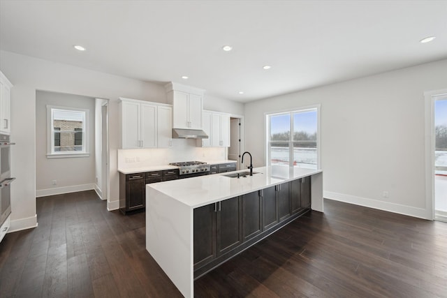 kitchen with white cabinetry, dark wood-type flooring, sink, and a large island with sink