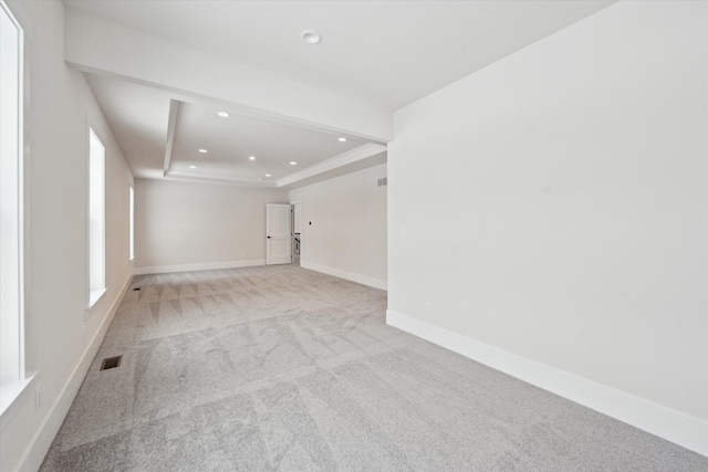 unfurnished room with a raised ceiling and light colored carpet