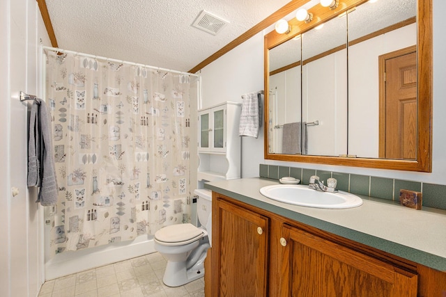 full bathroom featuring shower / tub combo with curtain, crown molding, tasteful backsplash, a textured ceiling, and vanity