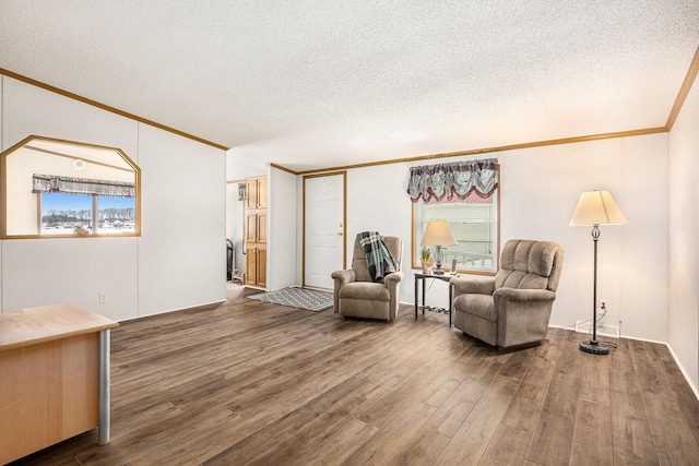 living area with a healthy amount of sunlight, dark hardwood / wood-style floors, and crown molding