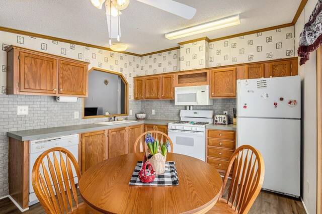 kitchen with dark hardwood / wood-style floors, sink, a textured ceiling, and white appliances
