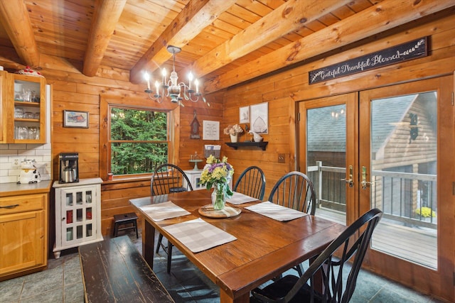 dining room with french doors, an inviting chandelier, wooden ceiling, wooden walls, and beam ceiling