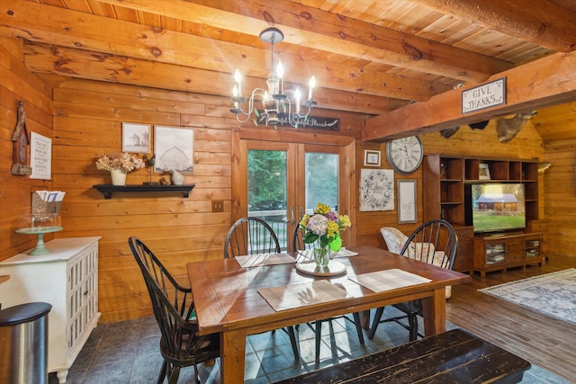 dining space with beamed ceiling, wood ceiling, wooden walls, and an inviting chandelier