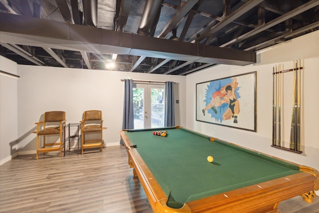 rec room with hardwood / wood-style floors, pool table, and french doors