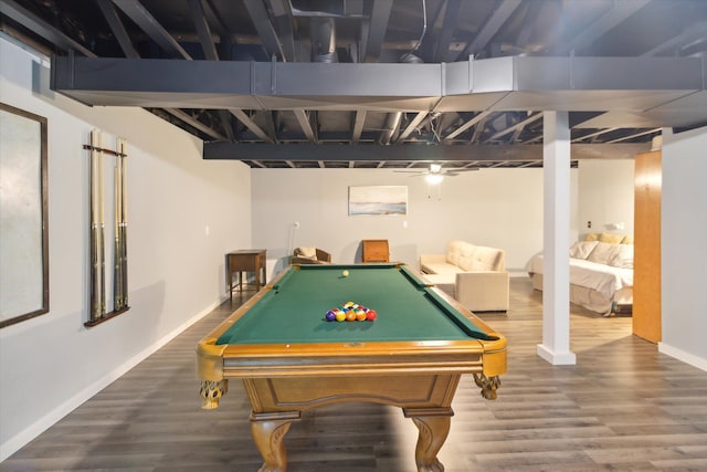 rec room with hardwood / wood-style flooring and billiards