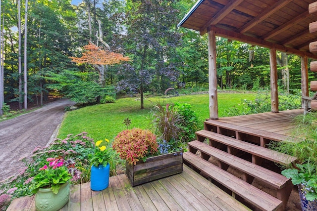 wooden deck with a lawn