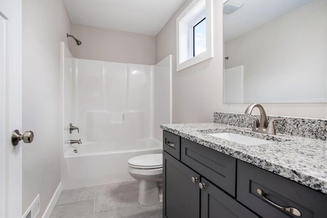 full bathroom featuring shower / washtub combination, vanity, and toilet