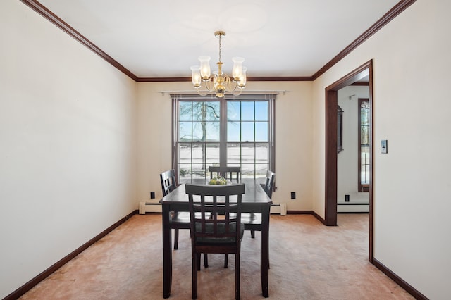 dining room with a baseboard radiator, light colored carpet, and a notable chandelier