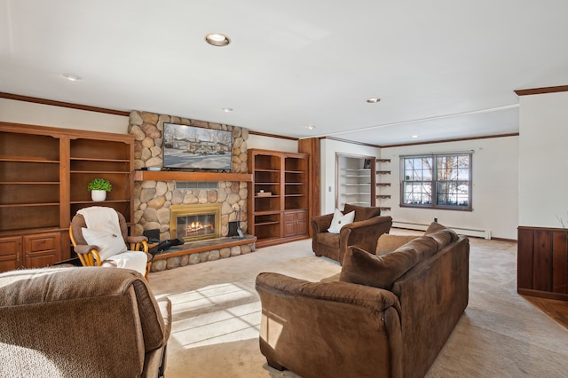 carpeted living room featuring crown molding, a fireplace, and baseboard heating