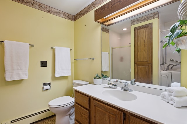 bathroom with a baseboard radiator, toilet, vanity, and a shower with shower door