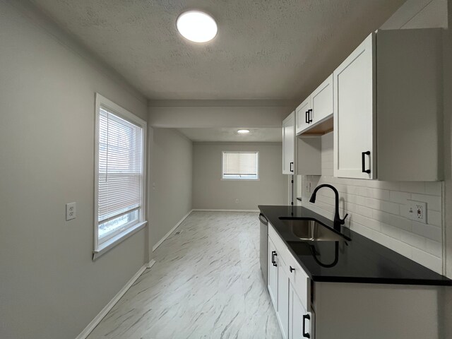 kitchen featuring sink, backsplash, a textured ceiling, white cabinets, and stainless steel dishwasher