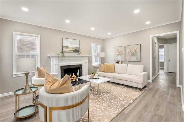 living room with a wealth of natural light, a high end fireplace, and light wood-type flooring