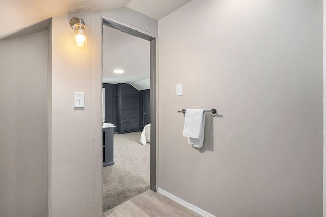 bathroom featuring vaulted ceiling and wood-type flooring