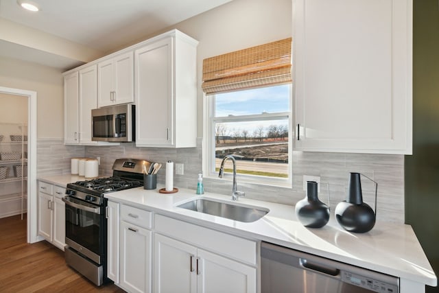 kitchen featuring backsplash, light countertops, appliances with stainless steel finishes, white cabinetry, and a sink