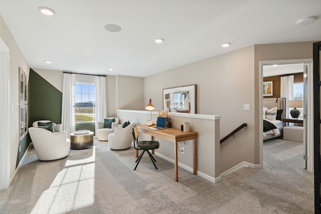 carpeted office space with recessed lighting and baseboards