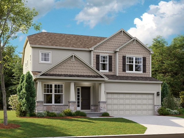 craftsman-style house featuring a garage, a front yard, concrete driveway, and stone siding