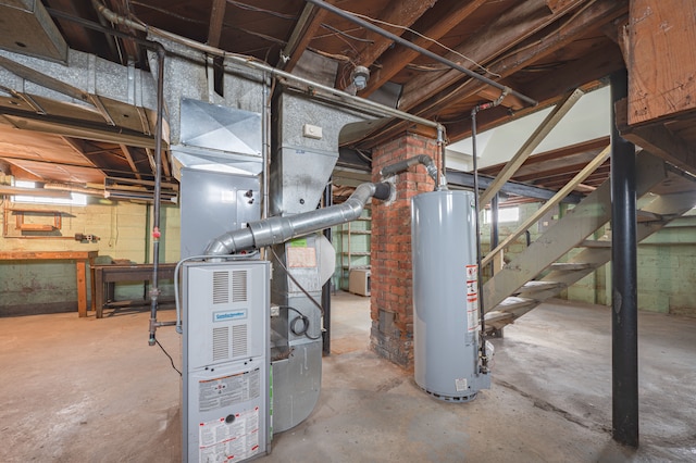 basement featuring heating unit and gas water heater