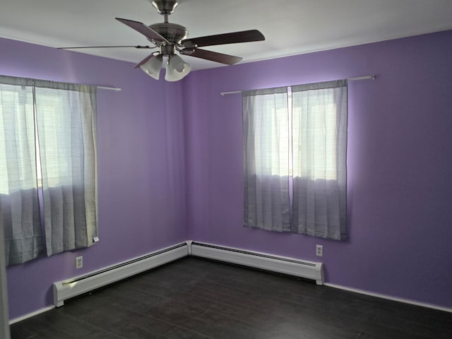 unfurnished room featuring a baseboard radiator and ceiling fan