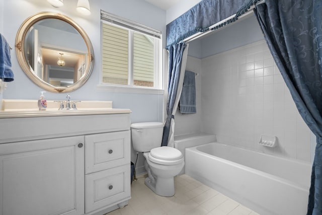 full bathroom with vanity, shower / bathtub combination with curtain, and toilet