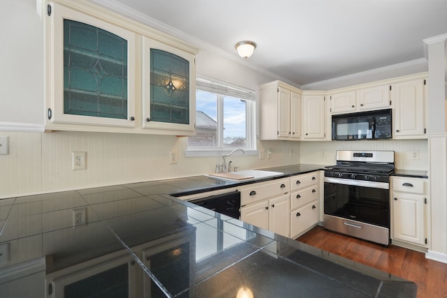 kitchen featuring sink, black appliances, ornamental molding, dark hardwood / wood-style floors, and white cabinets