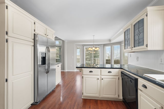 kitchen featuring ornamental molding, dark hardwood / wood-style flooring, stainless steel fridge, black dishwasher, and kitchen peninsula