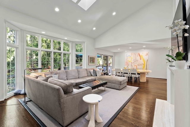 living room with a skylight, high vaulted ceiling, and dark hardwood / wood-style floors