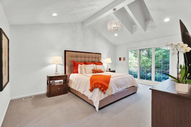 carpeted bedroom with a notable chandelier and vaulted ceiling with beams