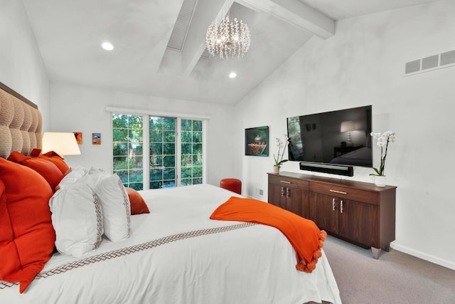 bedroom featuring light carpet, lofted ceiling with beams, and an inviting chandelier