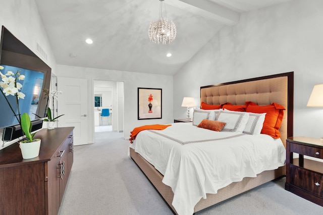 bedroom featuring a notable chandelier, light carpet, and vaulted ceiling with beams