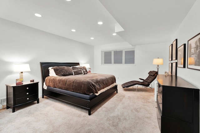 bedroom with light carpet