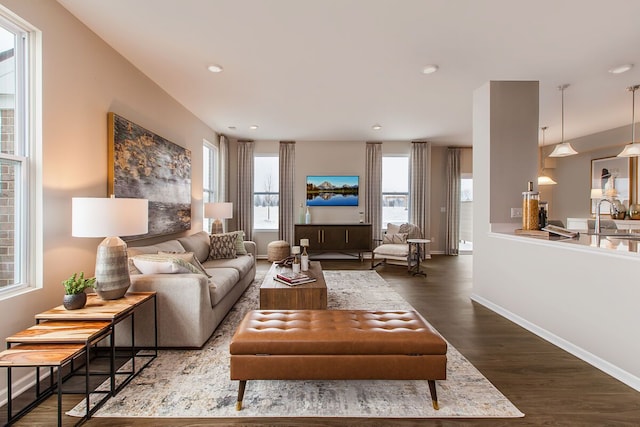 living area with dark wood finished floors, recessed lighting, and baseboards