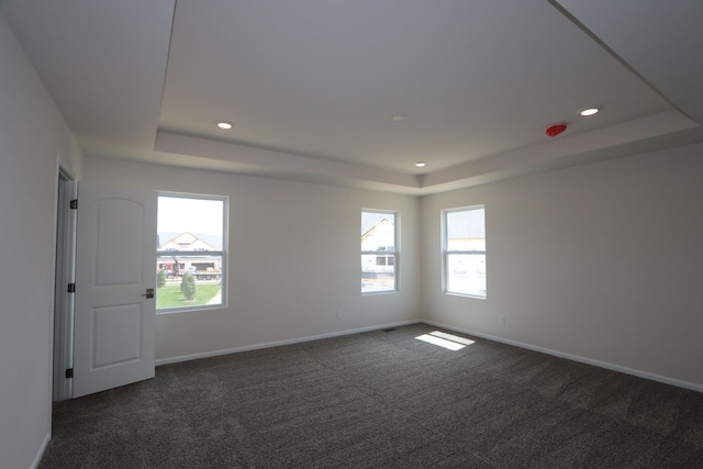 unfurnished room featuring dark carpet, a raised ceiling, and a healthy amount of sunlight