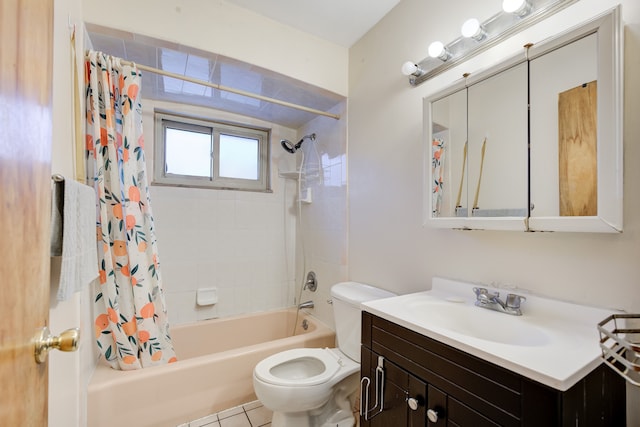 full bathroom with toilet, tile patterned floors, shower / bathtub combination with curtain, and vanity