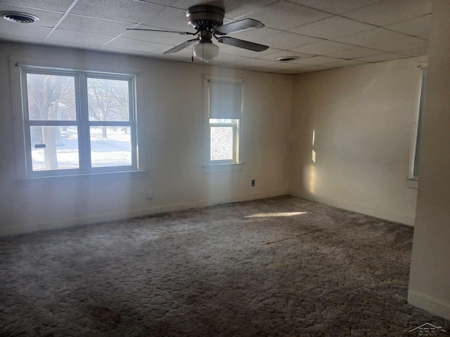 empty room featuring carpet, a drop ceiling, and ceiling fan