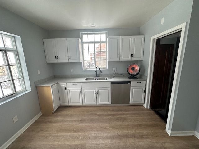 kitchen with white cabinetry, sink, dishwasher, and light wood-type flooring