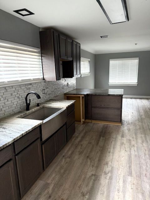 kitchen featuring sink, hardwood / wood-style floors, dark brown cabinetry, and decorative backsplash