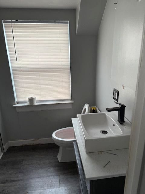 bathroom featuring wood-type flooring, toilet, and sink