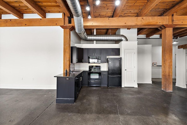 kitchen with sink, wood ceiling, beam ceiling, track lighting, and black appliances