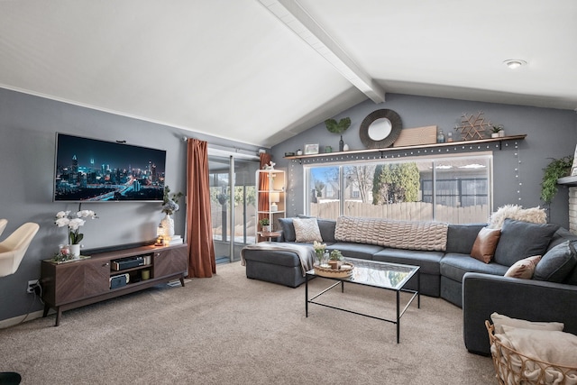 living room with carpet floors and lofted ceiling with beams